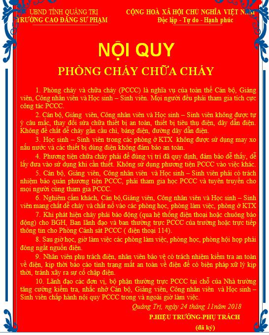 NỘI QUY PHÒNG CHÁY CHỮA CHÁY QTTTC